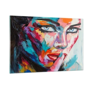 Impression sur verre - Image sur verre - Portrait coloré d'une femme dans un style abstrait - 120x80cm - Notre premier secret - Décoration murale moderne pour le salon et la chambre ARTTOR