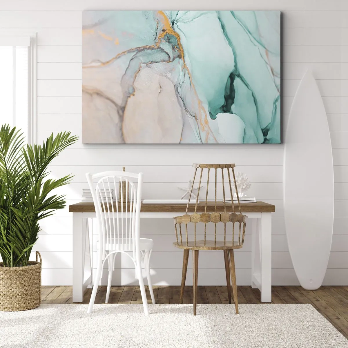 Impression sur toile - Image sur toile - Une composition abstraite dans des tons turquoise et or. - 100x70cm - Danse des formes et des couleurs - Décoration murale moderne pour le salon et la chambre ARTTOR