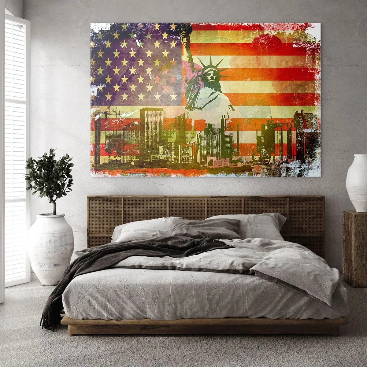 Impression sur verre - Image sur verre - Drapeau américain avec la silhouette de la Statue de la Liberté et le paysage urbain - 120x80cm - Vive l'Amérique! - Décoration murale moderne pour le salon et la chambre ARTTOR