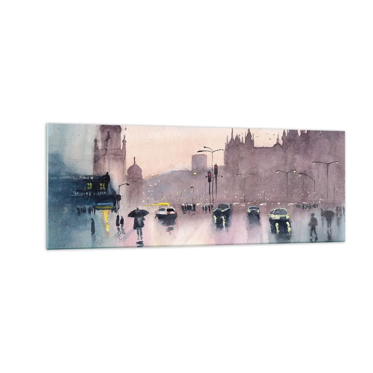 Impression sur verre - Image sur verre - Une rue de la ville au crépuscule dans un style aquarelle - 140x50cm - Dans une brume pluvieuse - Décoration murale moderne pour le salon et la chambre ARTTOR