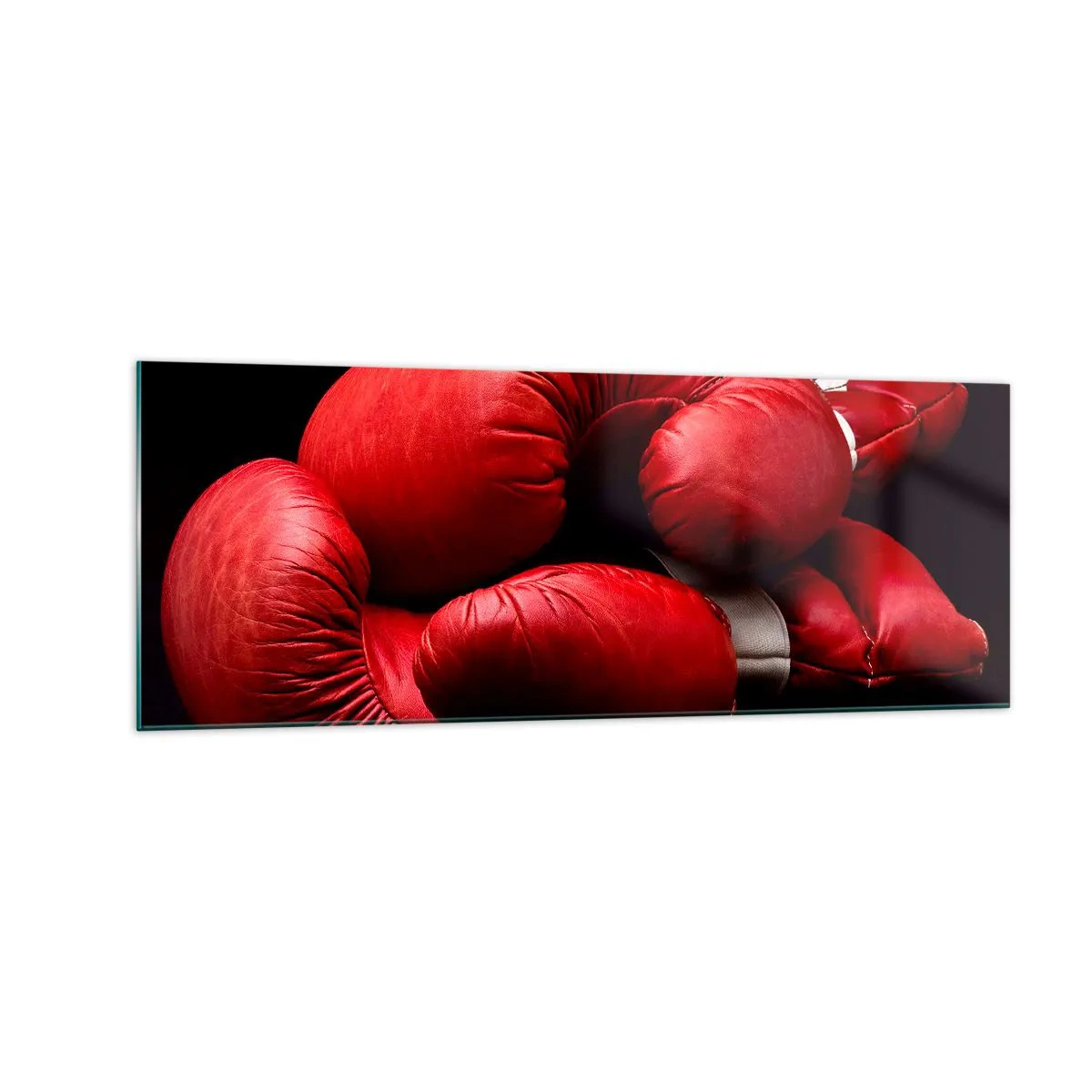 Impression sur verre - Image sur verre - Gants de boxe rouges sur fond noir - 140x50cm - Les émotions du combat sont derrière nous - Décoration murale moderne pour le salon et la chambre ARTTOR