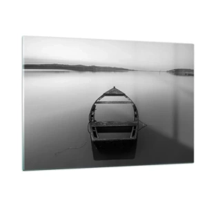 Impression sur verre - Image sur verre - Un vieux bateau sur une surface d'eau calme en noir et blanc - 120x80cm - Nostalgie et mélancolie - Décoration murale moderne pour le salon et la chambre ARTTOR