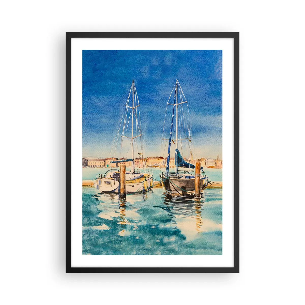 Affiche dans un cadre noir - Poster - Illustration à l'aquarelle de voiliers sur fond de lagon bleu par une journée ensoleillée. - 50x70cm - Lagune ensoleillée - Décoration murale moderne pour le salon et la chambre ARTTOR