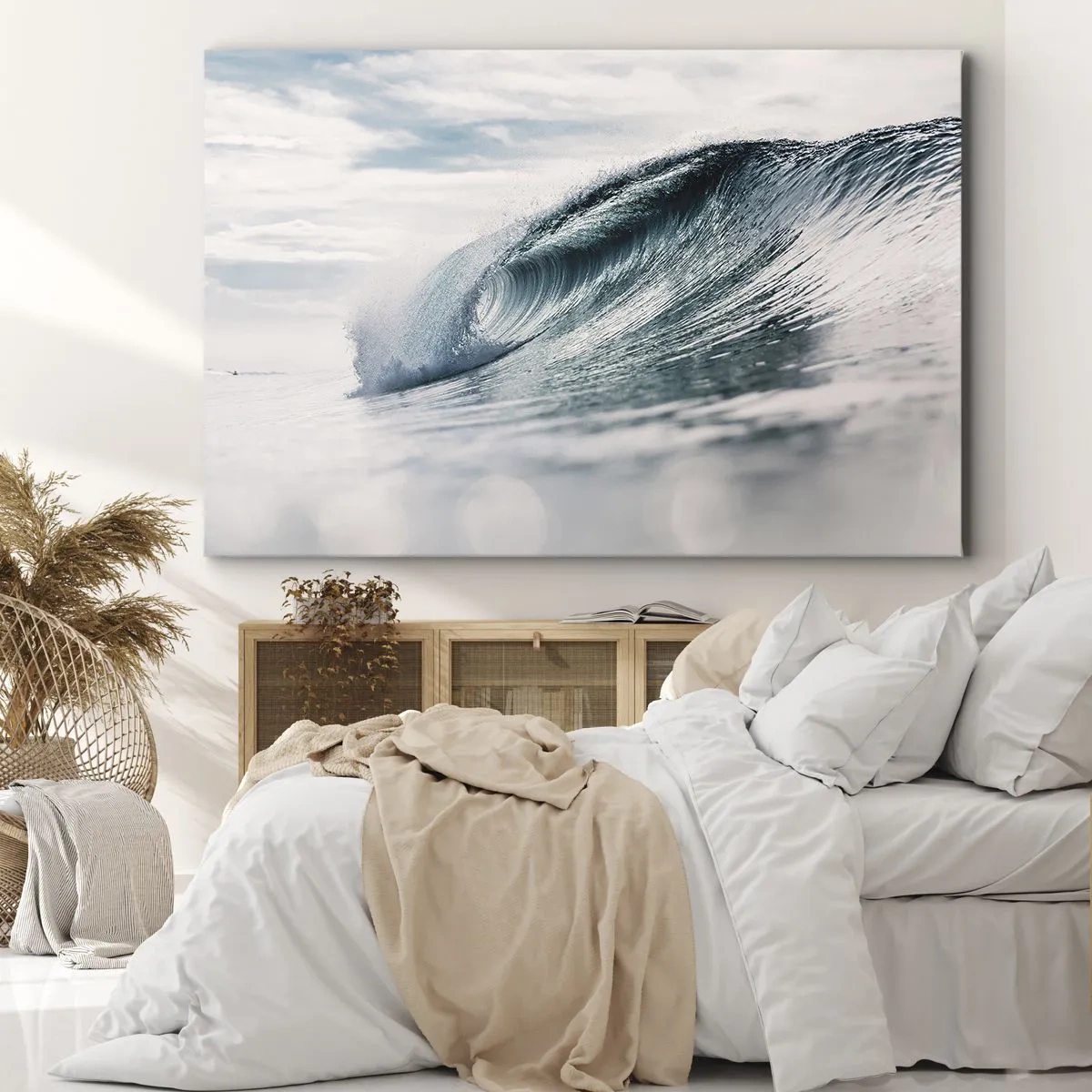 Impression sur toile - Image sur toile - Une vague de mer capturée dans un moment dynamique contre le ciel - 70x50cm - Pic d'eau - Décoration murale moderne pour le salon et la chambre ARTTOR