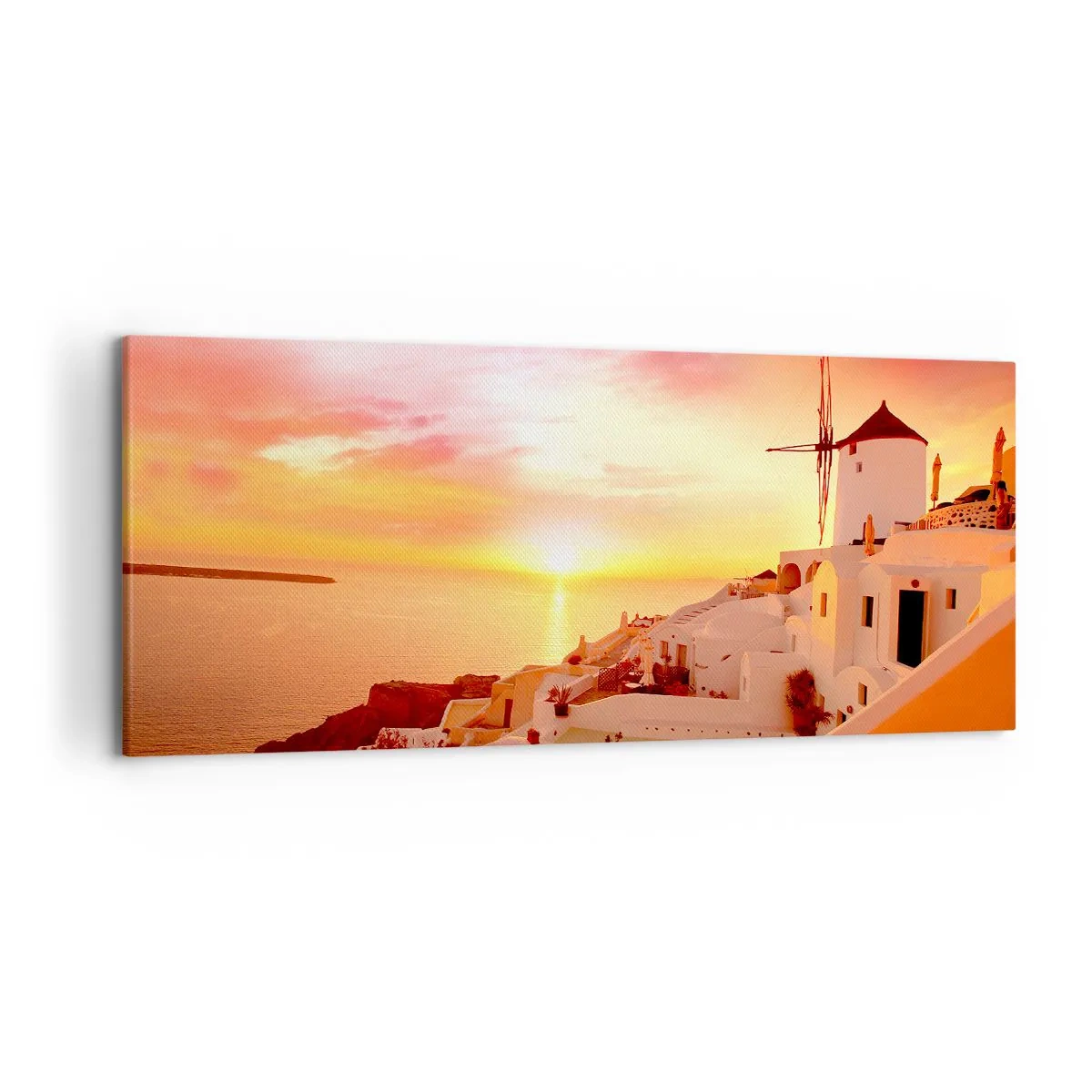 Impression sur toile - Image sur toile - Santorin au coucher du soleil avec un moulin à vent - 120x50cm - Fondre en blanc et or - Décoration murale moderne pour le salon et la chambre ARTTOR