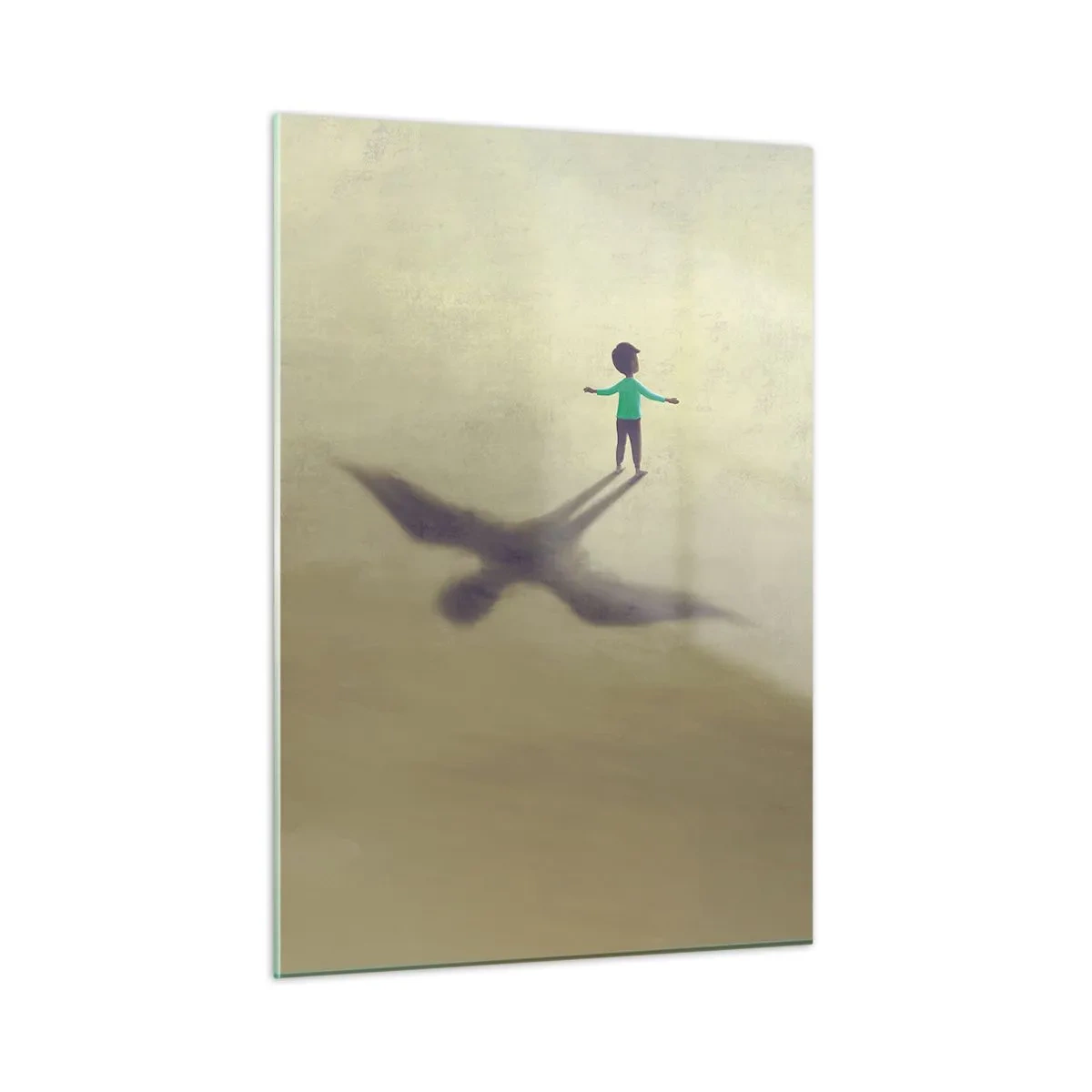 Impression sur verre - Image sur verre - Un garçon avec une ombre en forme d'oiseau sur un fond beige - 50x70cm - Héros du futur - Décoration murale moderne pour le salon et la chambre ARTTOR