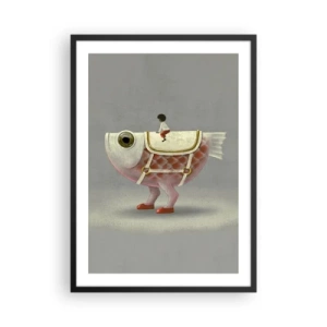 Affiche dans un cadre noir - Poster - Un poisson fantastique avec une selle et une silhouette sur fond gris - 50x70cm - Le cavalier poisson - Décoration murale moderne pour le salon et la chambre ARTTOR