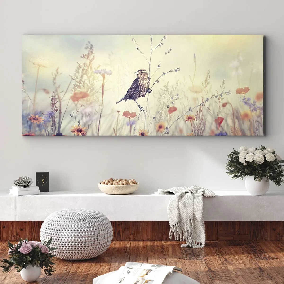 Impression sur toile - Image sur toile - Portrait d'oiseau sur pré en fond - 100x40 cm