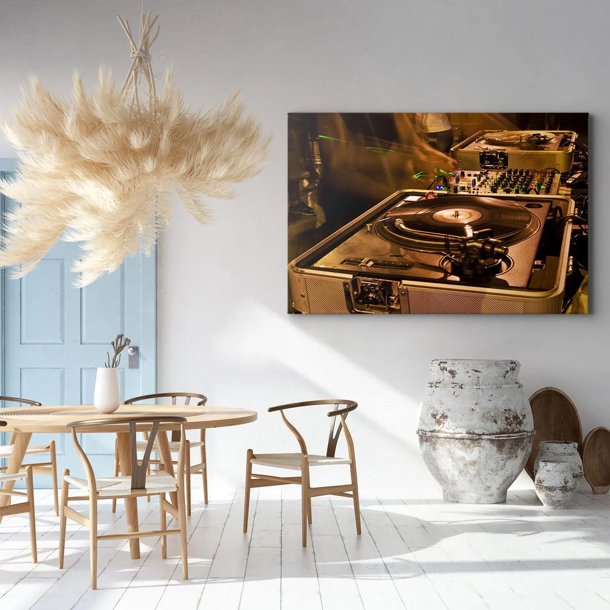 Impression sur toile - Image sur toile - Équipement DJ avec platine et table de mixage lors d'une fête - 100x70cm - Sentez-vous cette force? - Décoration murale moderne pour le salon et la chambre ARTTOR