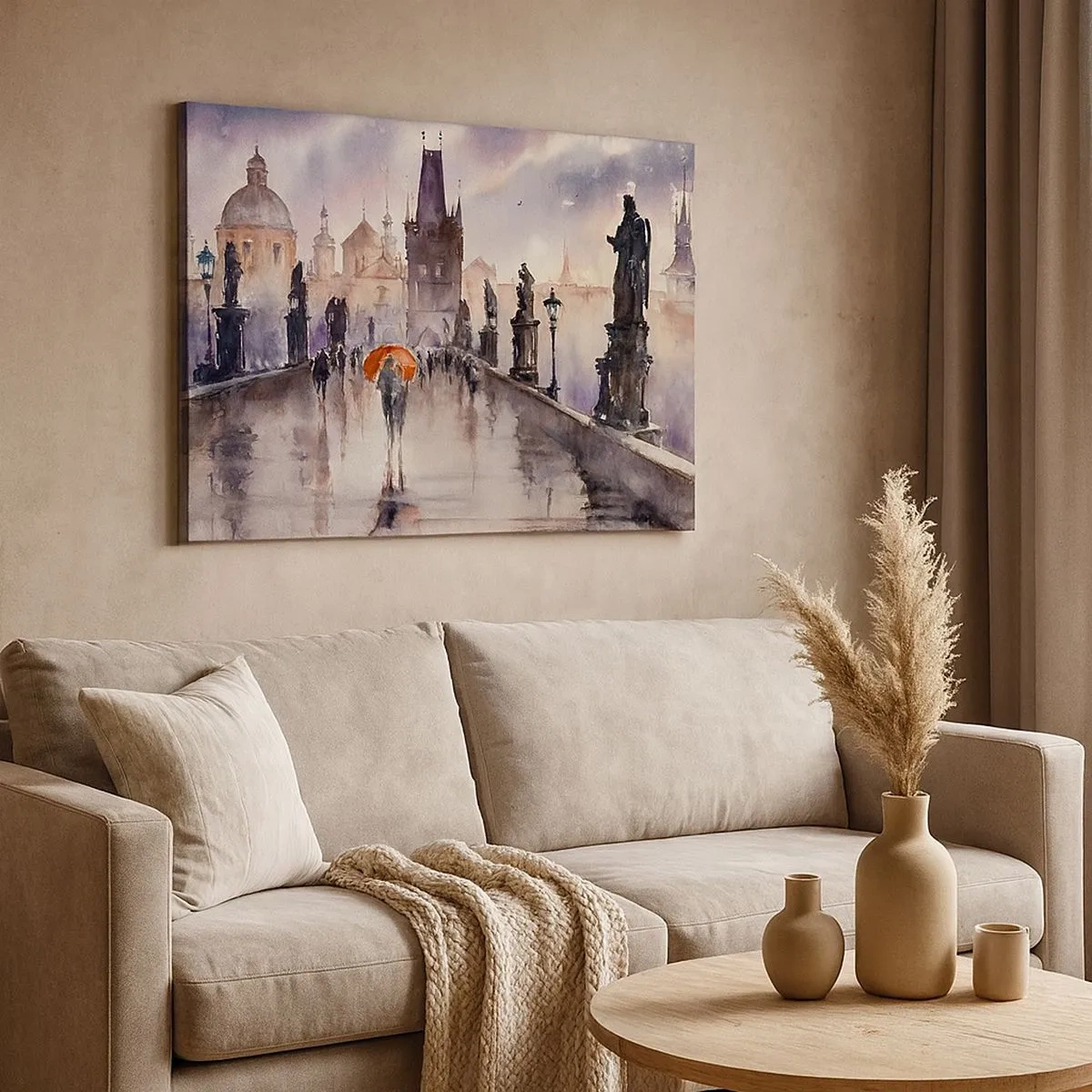 Impression sur toile - Image sur toile - Vue romantique d'un pont avec un parapluie sur fond de ville en soirée - 70x50cm - Les gens ne changent pas - Décoration murale moderne pour le salon et la chambre ARTTOR