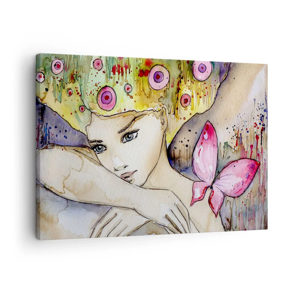 Impression sur toile - Image sur toile - Une femme avec une coiffure abstraite et un papillon rose - 70x50cm - La princesse papillon - Décoration murale moderne pour le salon et la chambre ARTTOR