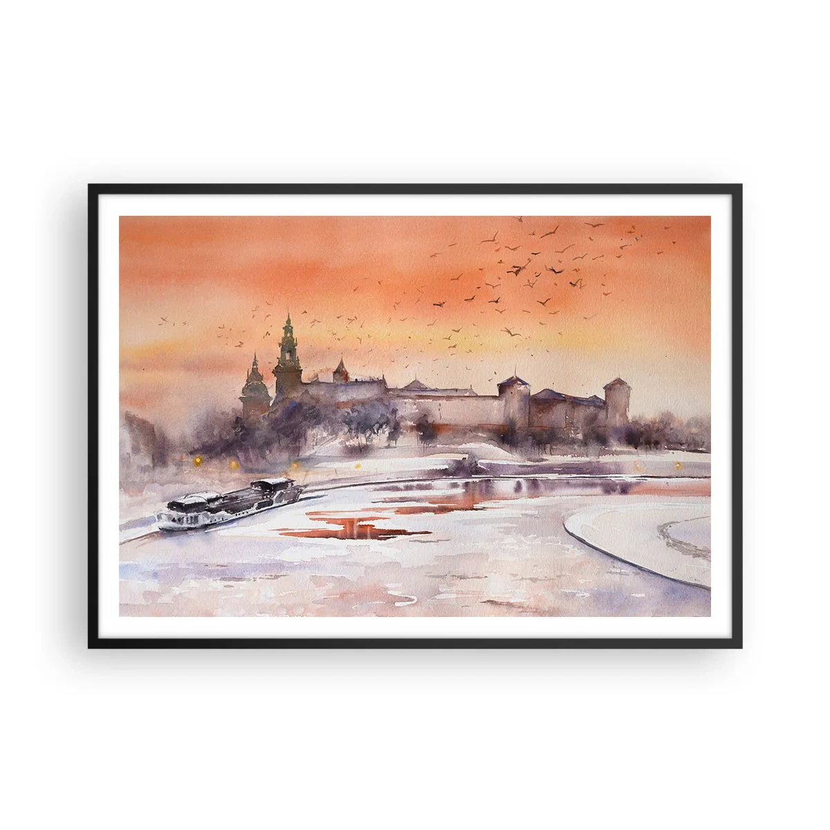 Affiche dans un cadre noir - Poster - Coucher de soleil sur le château dans un paysage hivernal - 100x70cm - Coucher de soleil royal - Décoration murale moderne pour le salon et la chambre ARTTOR