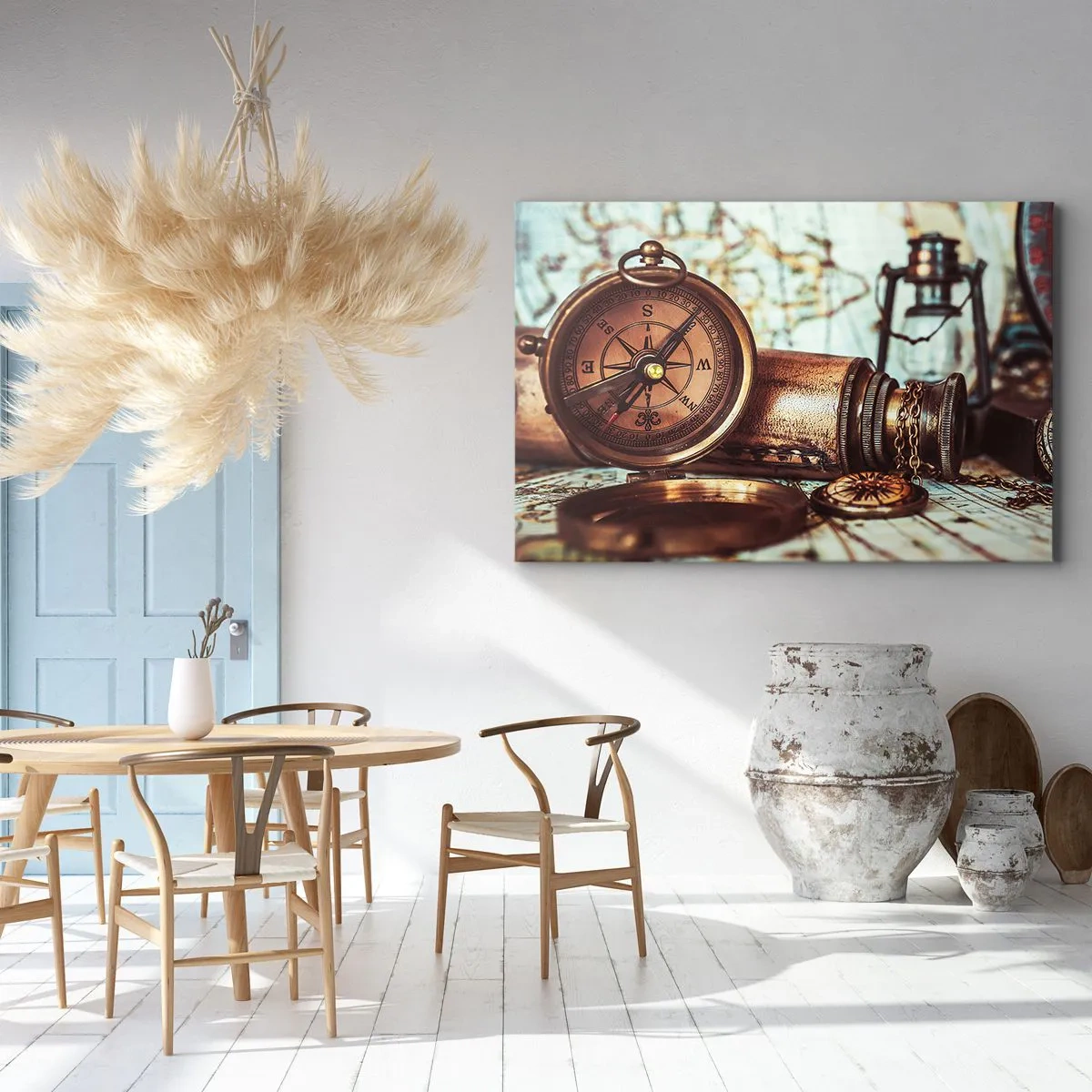 Impression sur toile - Image sur toile - Un ensemble rétro avec une boussole, un télescope et une carte sur le thème du voyage - 100x70cm - Une aventure de pirates dans les Caraïbes vous attend - Décoration murale moderne pour le salon et la chambre ARTTO