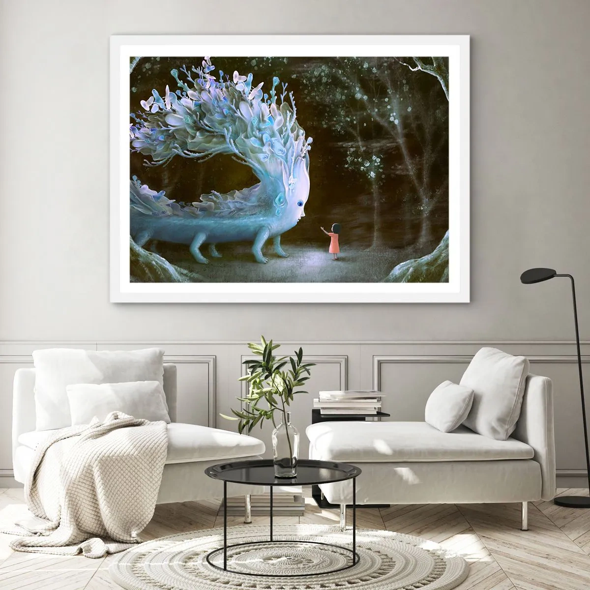 Affiche dans un cadre blanc - Poster - Une rencontre fantastique - 91x61 cm