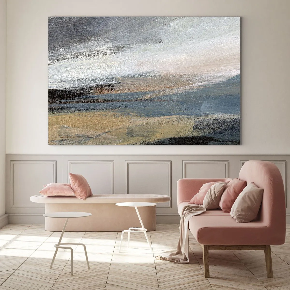 Impression sur verre - Image sur verre - Un paysage abstrait aux couleurs froides et terreuses. - 100x70cm - Abstraction : paysage nordique - Décoration murale moderne pour le salon et la chambre ARTTOR