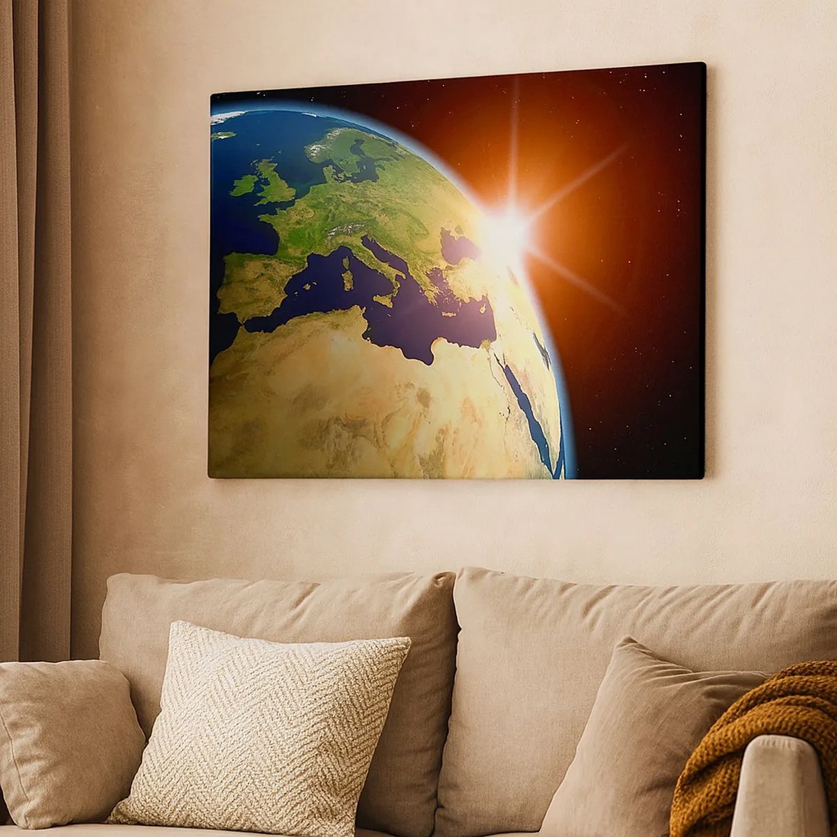 Impression sur toile - Image sur toile - Vue de la Terre depuis l'espace avec les rayons du soleil à l'horizon - 70x50cm - Lever de soleil - Décoration murale moderne pour le salon et la chambre ARTTOR