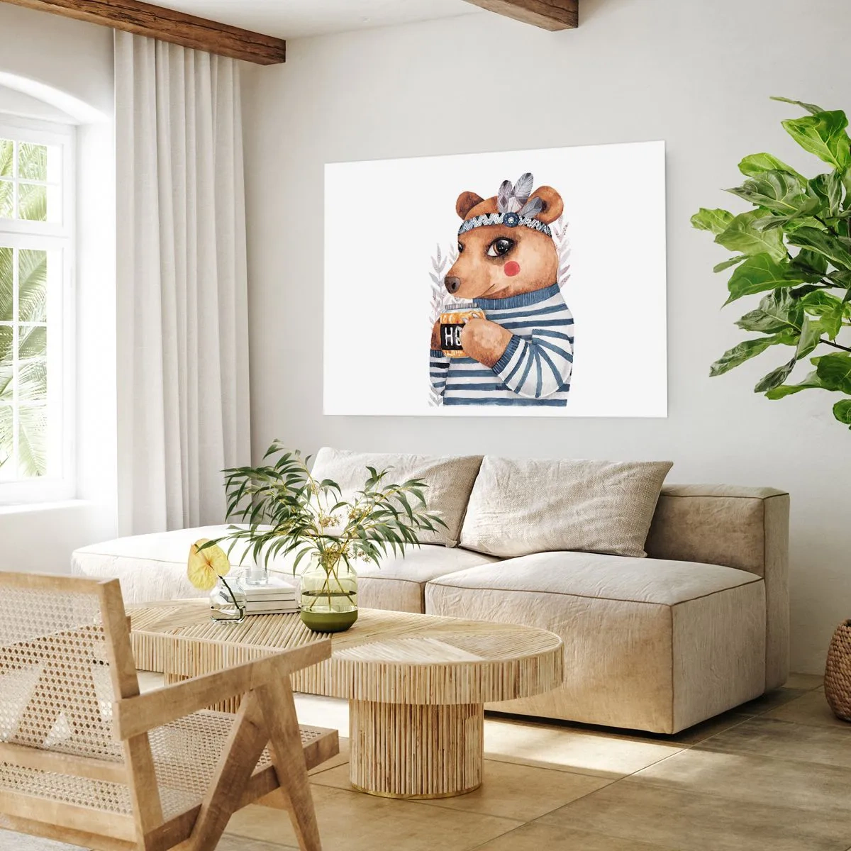 Affiche - Poster - Un ours en peluche dans un pull rayé avec une tasse de miel - 100x70cm - Un nounours trop mignon - Décoration murale moderne pour le salon et la chambre ARTTOR
