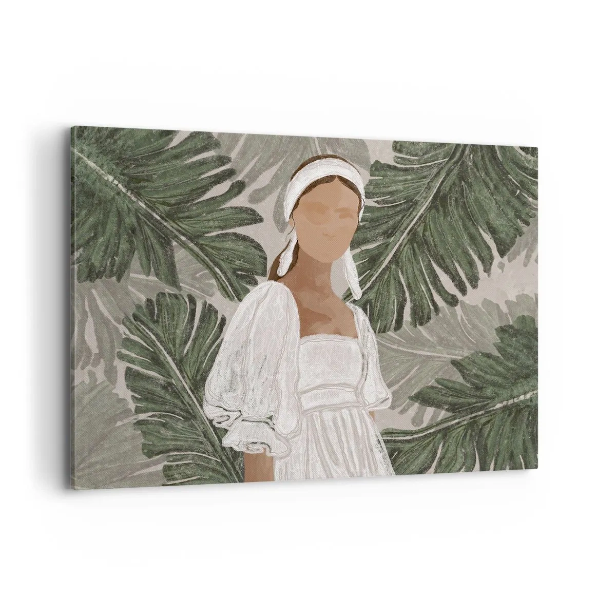 Impression sur toile - Image sur toile - Portrait d'une femme en robe blanche sur fond de feuilles de monstera - 100x70cm - Portrait exotique - Décoration murale moderne pour le salon et la chambre ARTTOR