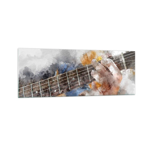 Impression sur verre - Image sur verre - Image abstraite d'une main jouant de la guitare - 140x50cm - La poésie entre les cordes - Décoration murale moderne pour le salon et la chambre ARTTOR