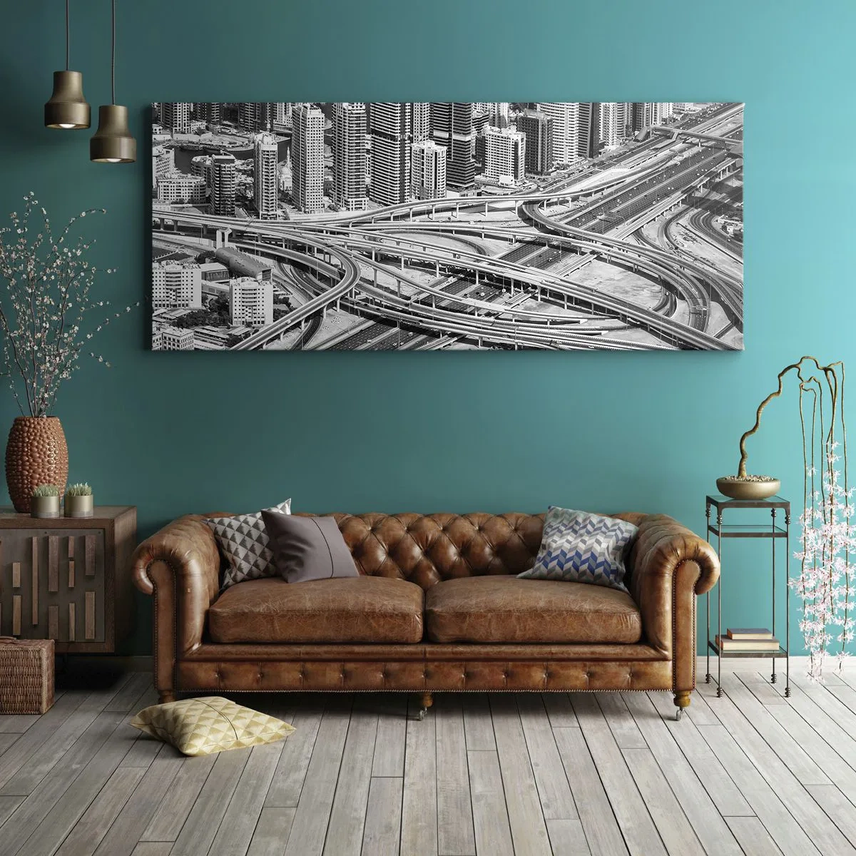 Impression sur toile - Image sur toile - Une vue plongeante sur Dubaï - 120x50cm - Dubaï - la ville impossible - Décoration murale moderne pour le salon et la chambre ARTTOR