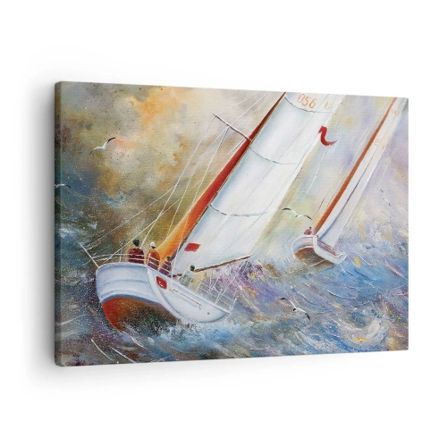 Impression sur toile - Image sur toile - Voiliers sur des vagues agitées dans une composition dynamique - 70x50cm - Concourir sur les vagues - Décoration murale moderne pour le salon et la chambre ARTTOR