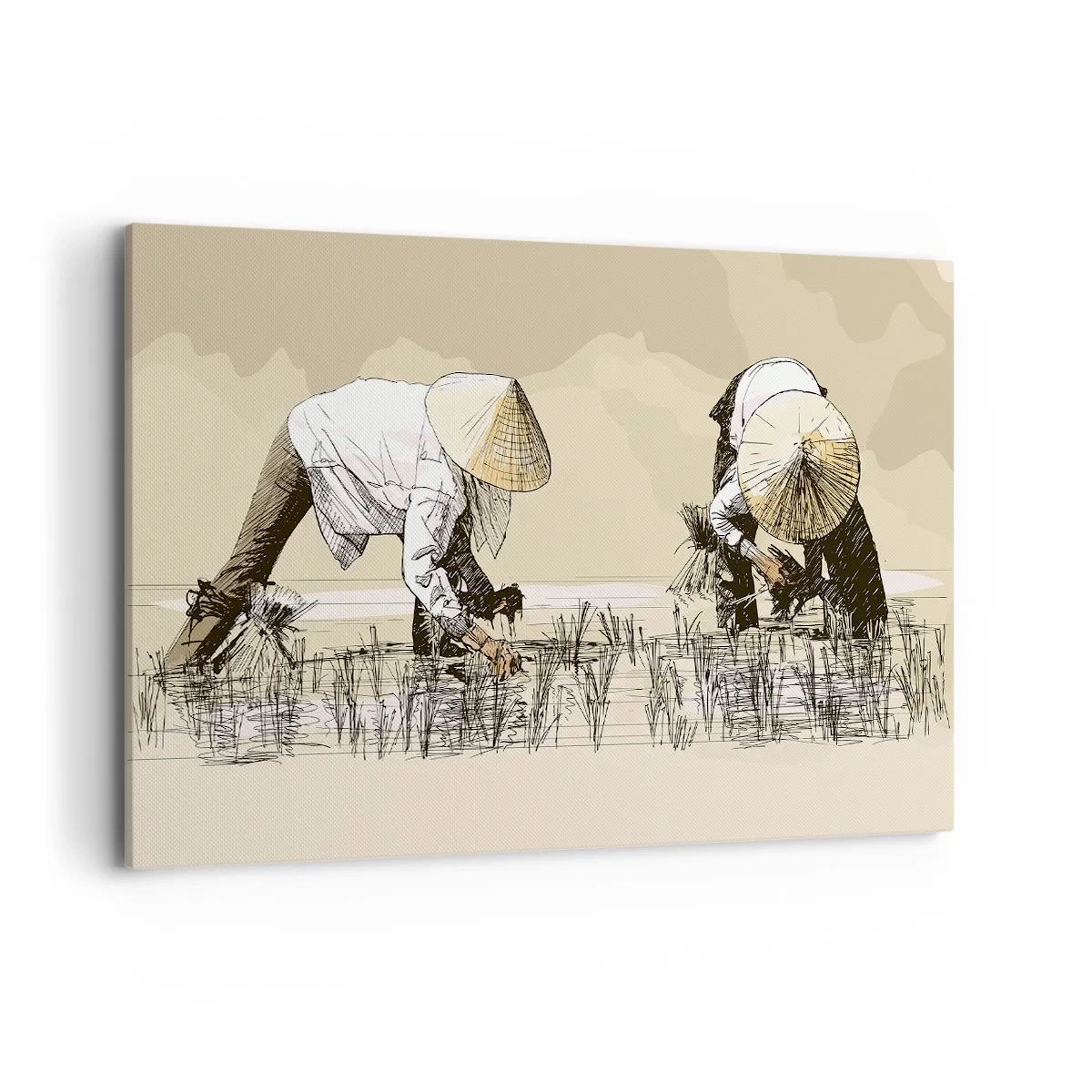 Impression sur toile - Image sur toile - Des agriculteurs travaillant dans une rizière portant des coiffures traditionnelles - 120x80cm - Récolte réussie - Décoration murale moderne pour le salon et la chambre ARTTOR