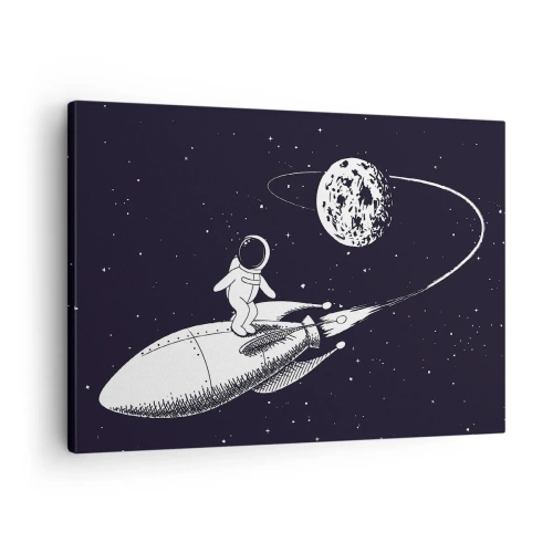 Impression sur toile - Image sur toile - Astronaute sur une fusée dans l'espace - 70x50cm - Surfeur de l'espace - Décoration murale moderne pour le salon et la chambre ARTTOR