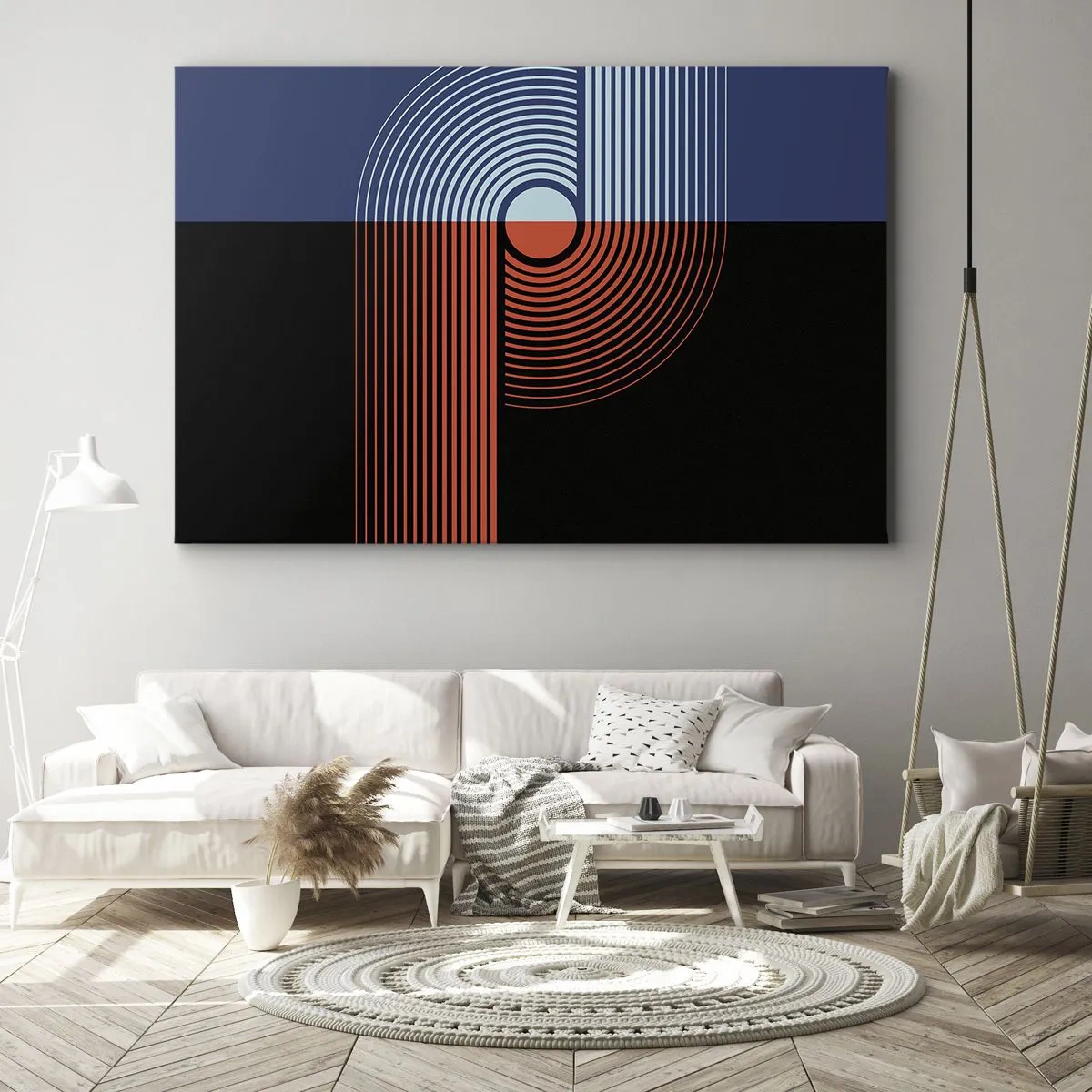 Impression sur toile - Image sur toile - Abstraction géométrique avec des lignes bleu marine et orange. - 120x80cm - Dans une étreinte géométrique - Décoration murale moderne pour le salon et la chambre ARTTOR