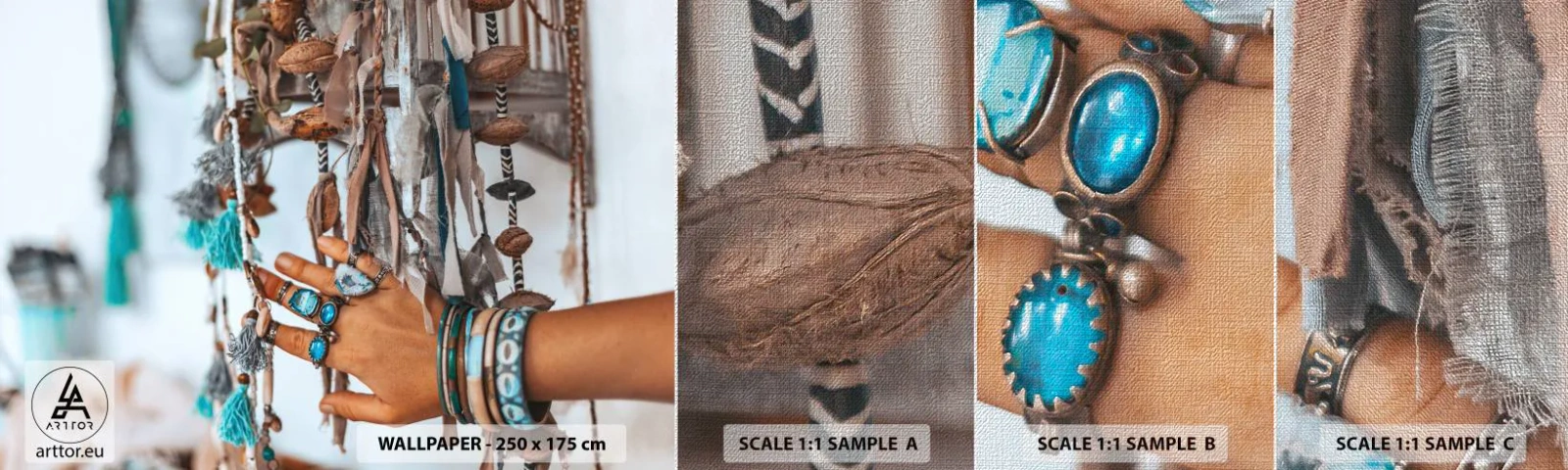 Échantillon de Papier Peint Premium Canvas - Trésor local - Main de femme, Bijoux, Bohème - 100x30 cm