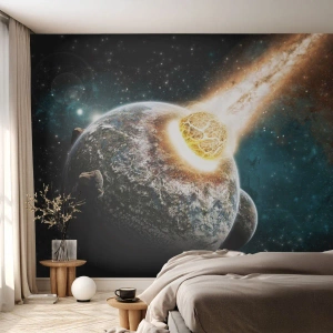 Papier Peint Photo Standard Eco - Collision d'une météorite avec une planète dans l'espace - 100x70cm - Destruction ou naissance? - Décoration murale moderne pour le salon et la chambre ARTTOR