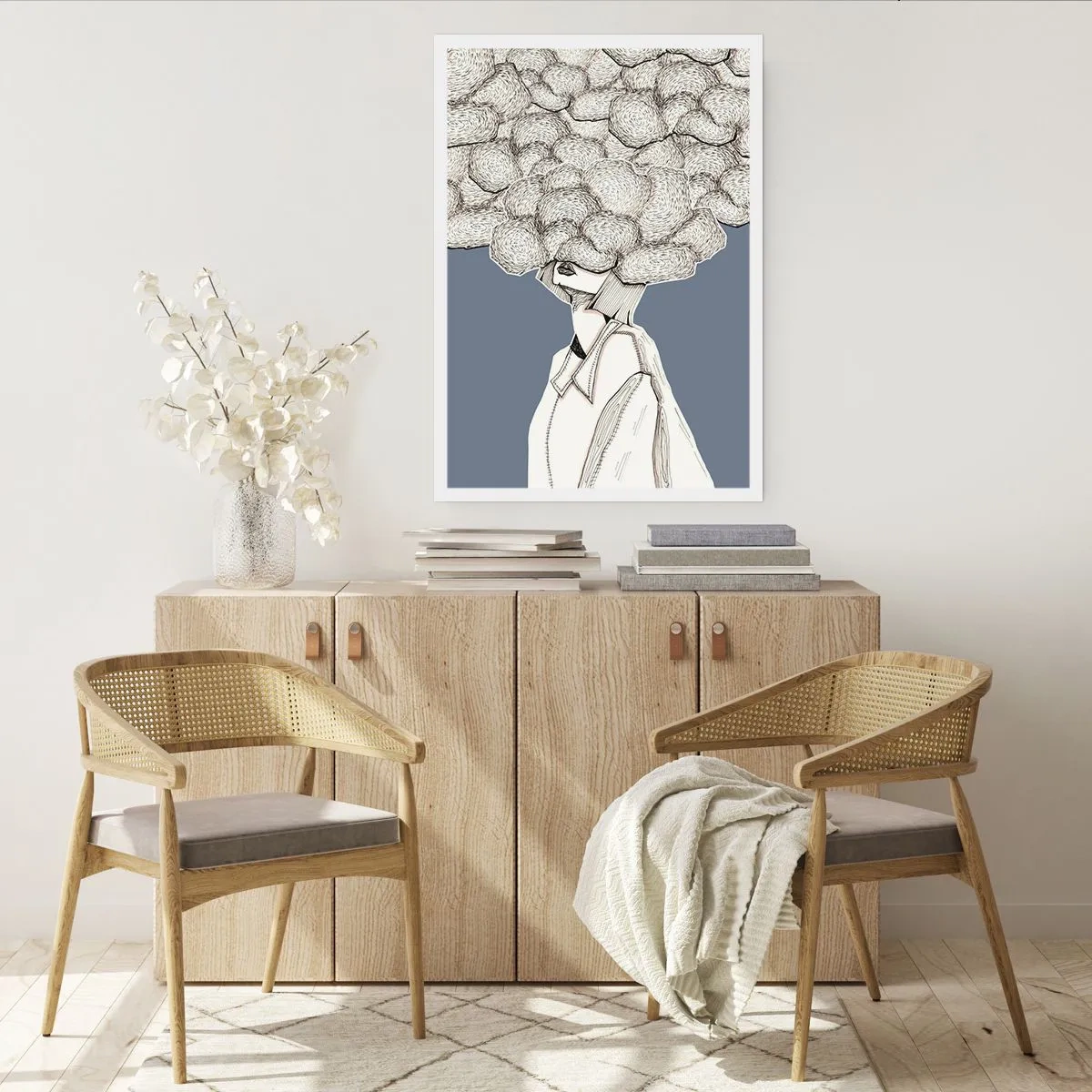 Affiche - Poster - Une figure avec un nuage au lieu d'une tête, stylisée dans des tons de gris. - 50x70cm - La tête dans les nuages - Décoration murale moderne pour le salon et la chambre ARTTOR