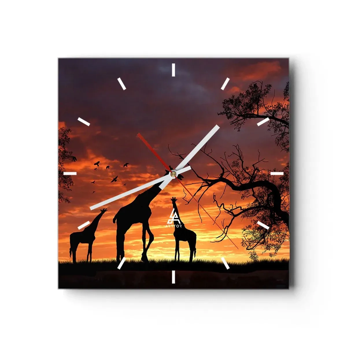 Horloge murale - Pendule murale - Silhouettes de girafes sur fond de coucher de soleil africain - 30x30cm - Un petit dîner avec vos proches - Décoration murale moderne pour le salon et la chambre ARTTOR