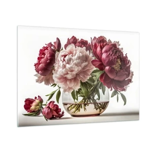 Impression sur verre - Image sur verre - Un bouquet de pivoines dans un vase en verre sur fond clair - 100x70cm - En pleine floraison de beauté - Décoration murale moderne pour le salon et la chambre ARTTOR