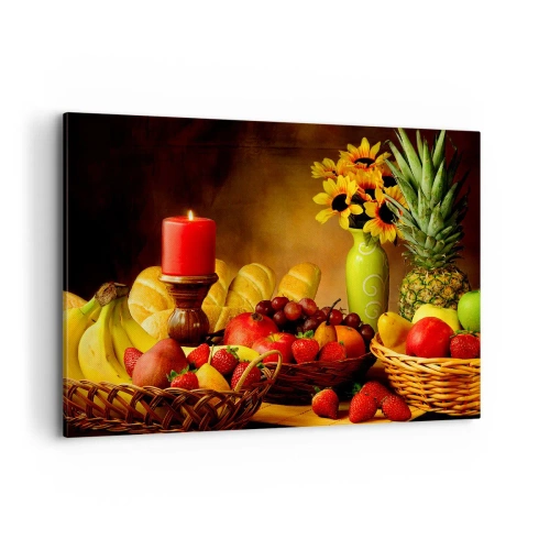 Impression sur toile - Image sur toile - Nature morte avec fruits, pain, bougie et fleurs - 100x70cm - Nature morte de pain et de fruits - Décoration murale moderne pour le salon et la chambre ARTTOR