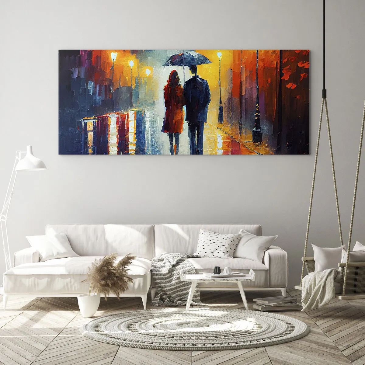 Impression sur verre - Image sur verre - Un couple sous un parapluie se promenant dans une ville nocturne colorée - 140x50cm - Ensemble – une nuit colorée - Décoration murale moderne pour le salon et la chambre ARTTOR
