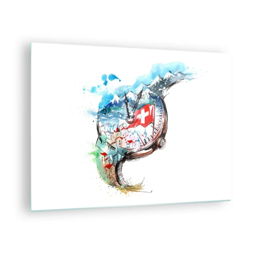 Impression sur verre - Image sur verre - Aquarelle représentant un paysage suisse avec un drapeau et une montre - 70x50cm - L'esprit de la Suisse - Décoration murale moderne pour le salon et la chambre ARTTOR