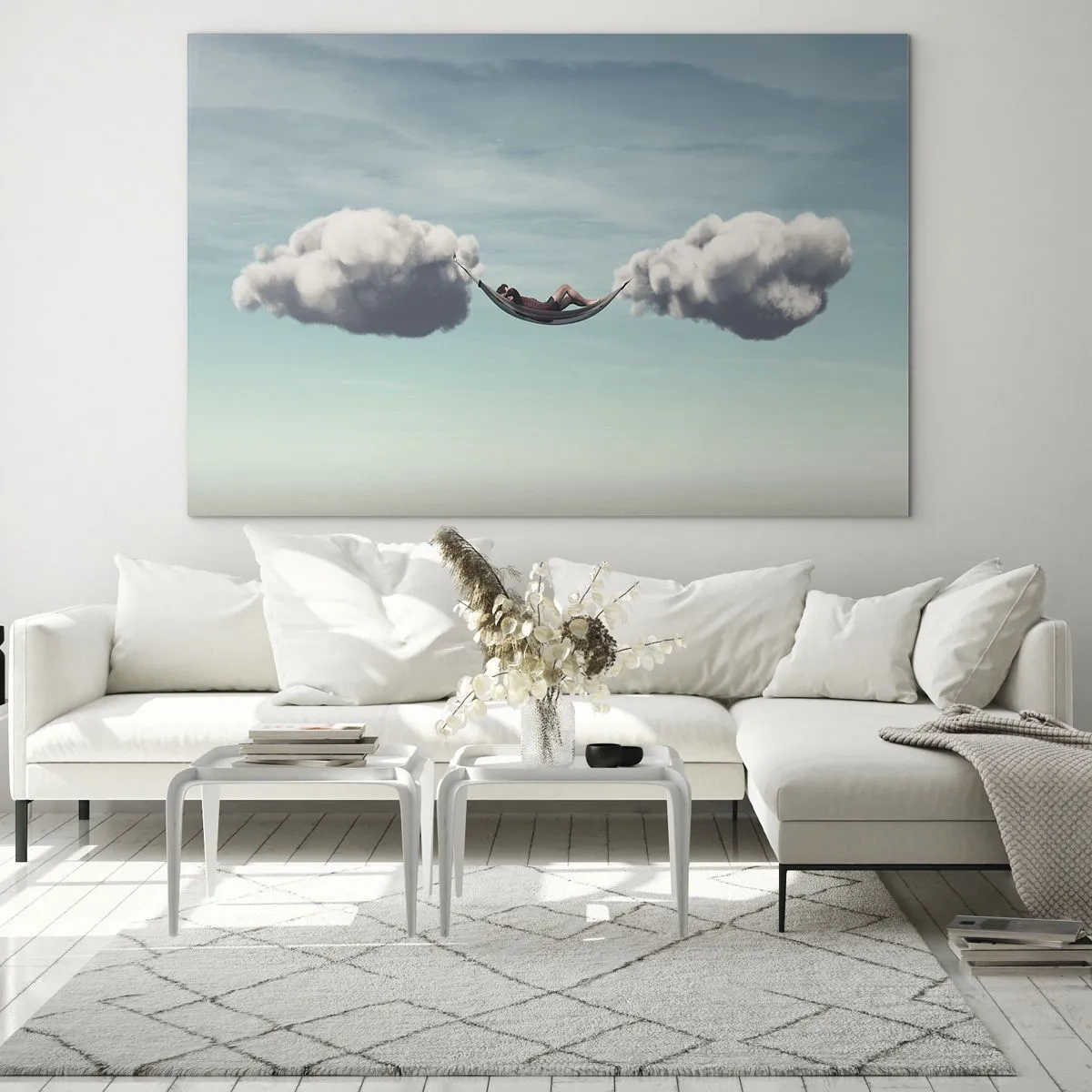 Impression sur verre - Image sur verre - Hamacs nuageux dans un ciel bleu - 120x80cm - Instant de bonheur - Décoration murale moderne pour le salon et la chambre ARTTOR