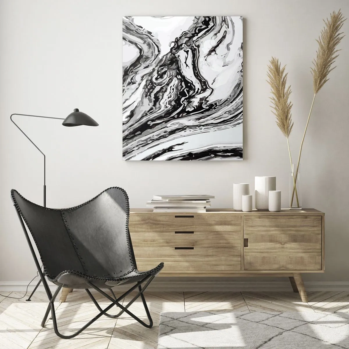 Impression sur verre - Image sur verre - Un motif abstrait dans des tons de noir et blanc ressemblant à des vagues. - 50x70cm - Au début, c'était le chaos - Décoration murale moderne pour le salon et la chambre ARTTOR
