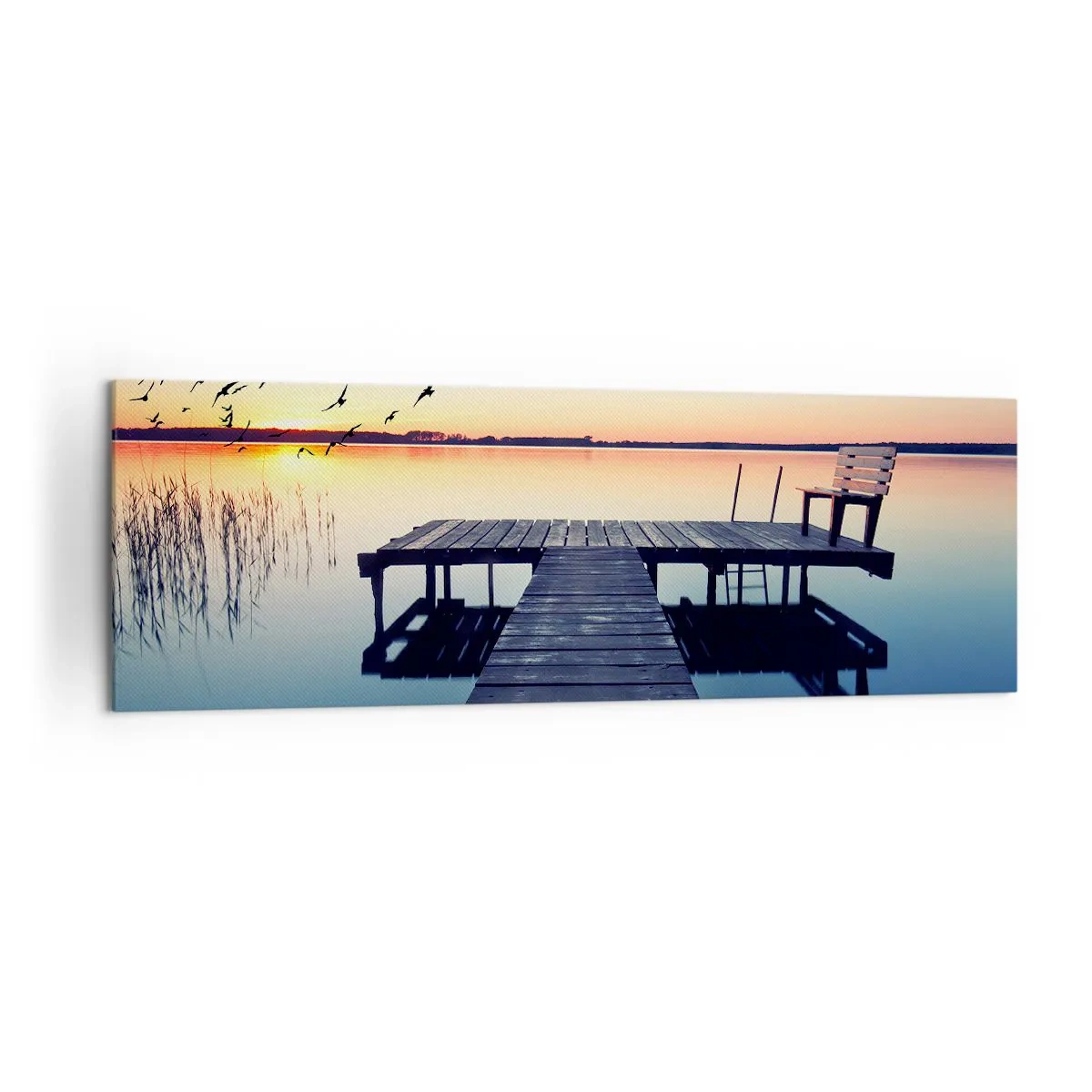 Impression sur toile - Image sur toile - Jetée en bois sur un lac au lever du soleil avec des oiseaux - 160x50cm - C'était une bonne journée - Décoration murale moderne pour le salon et la chambre ARTTOR