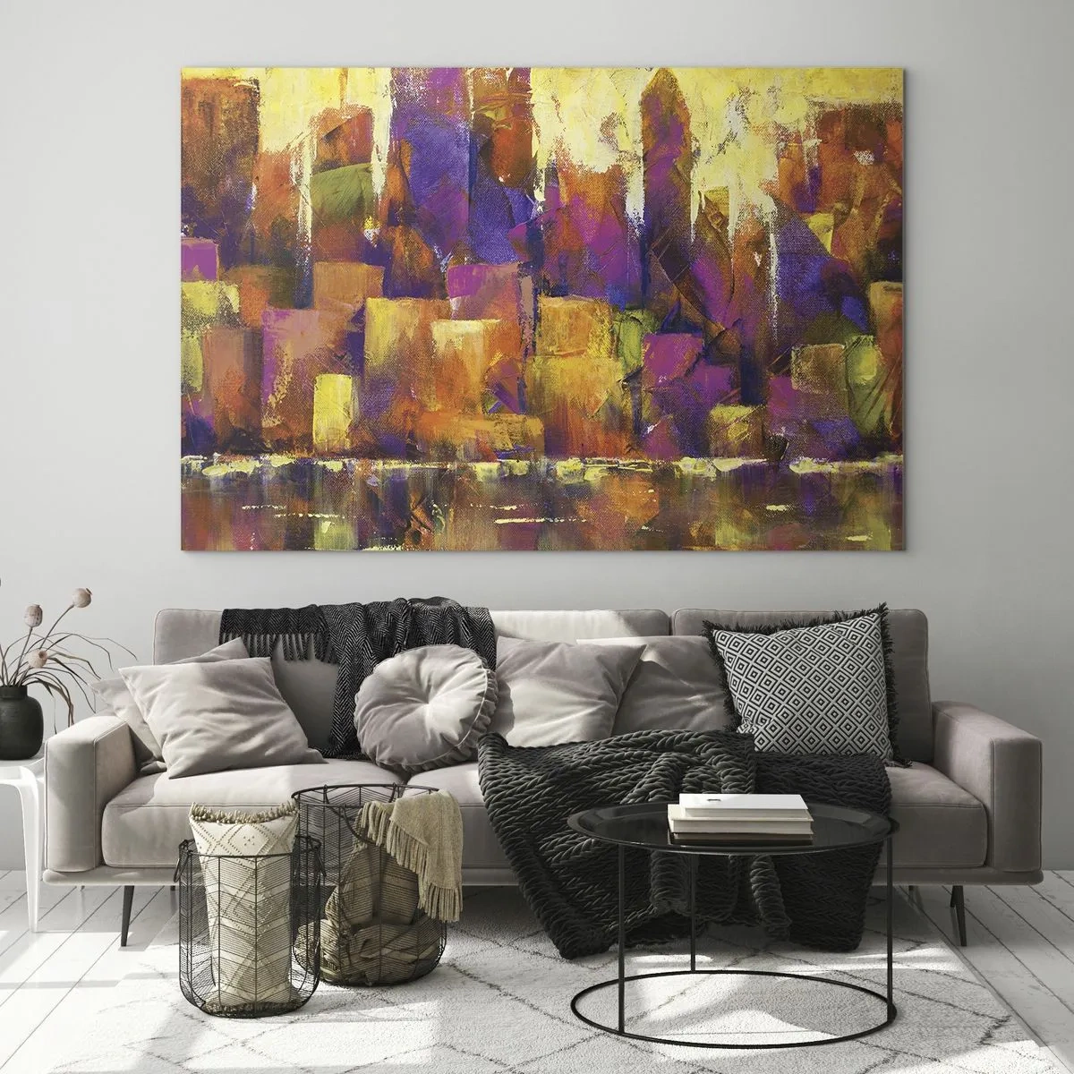 Impression sur verre - Image sur verre - Une métropole abstraite aux couleurs chaudes avec des accents de violet. - 70x50cm - Composition métropolitaine - Décoration murale moderne pour le salon et la chambre ARTTOR