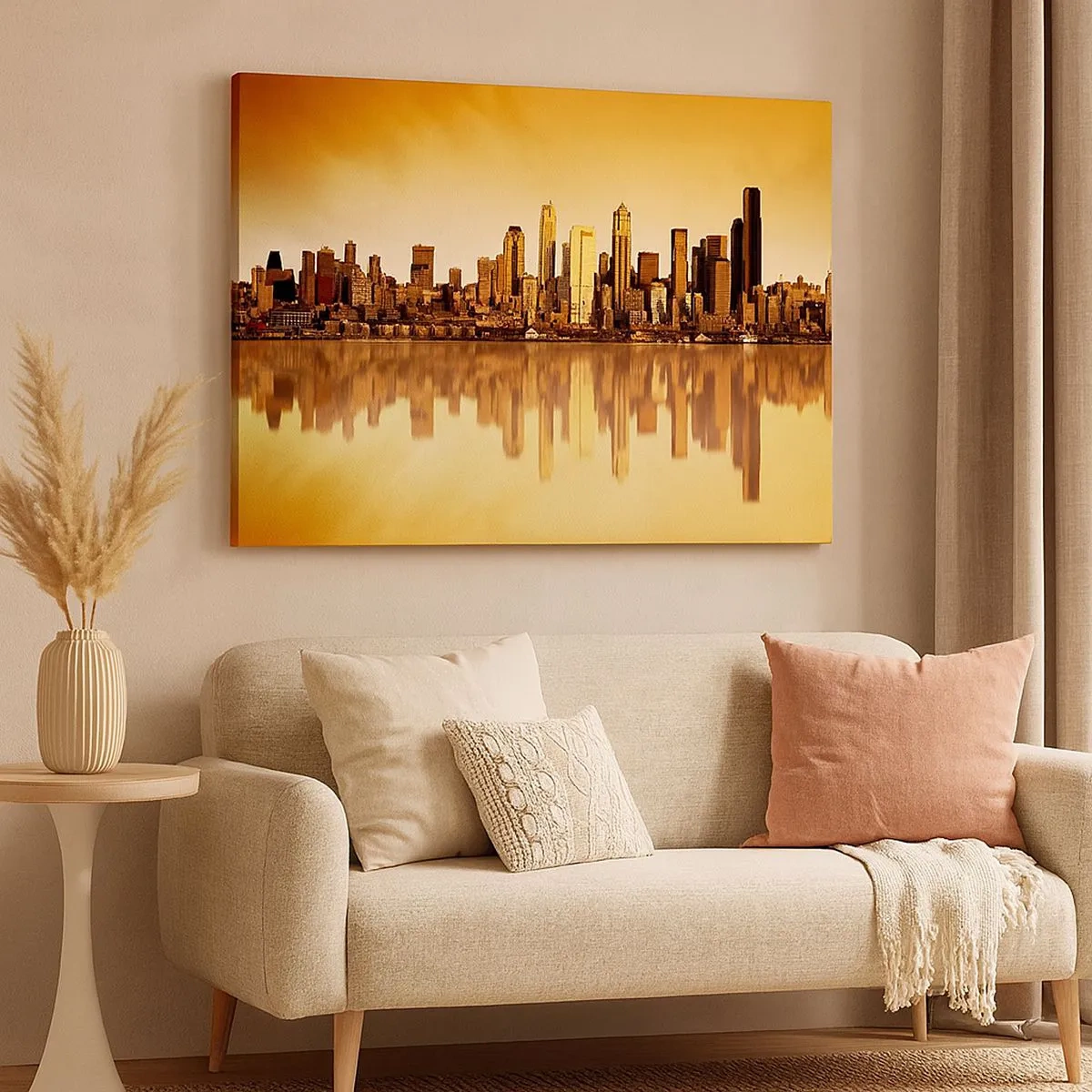 Impression sur toile - Image sur toile - Panorama de la ville reflété dans l'eau au coucher du soleil - 70x50cm - Le silence de la métropole - Décoration murale moderne pour le salon et la chambre ARTTOR