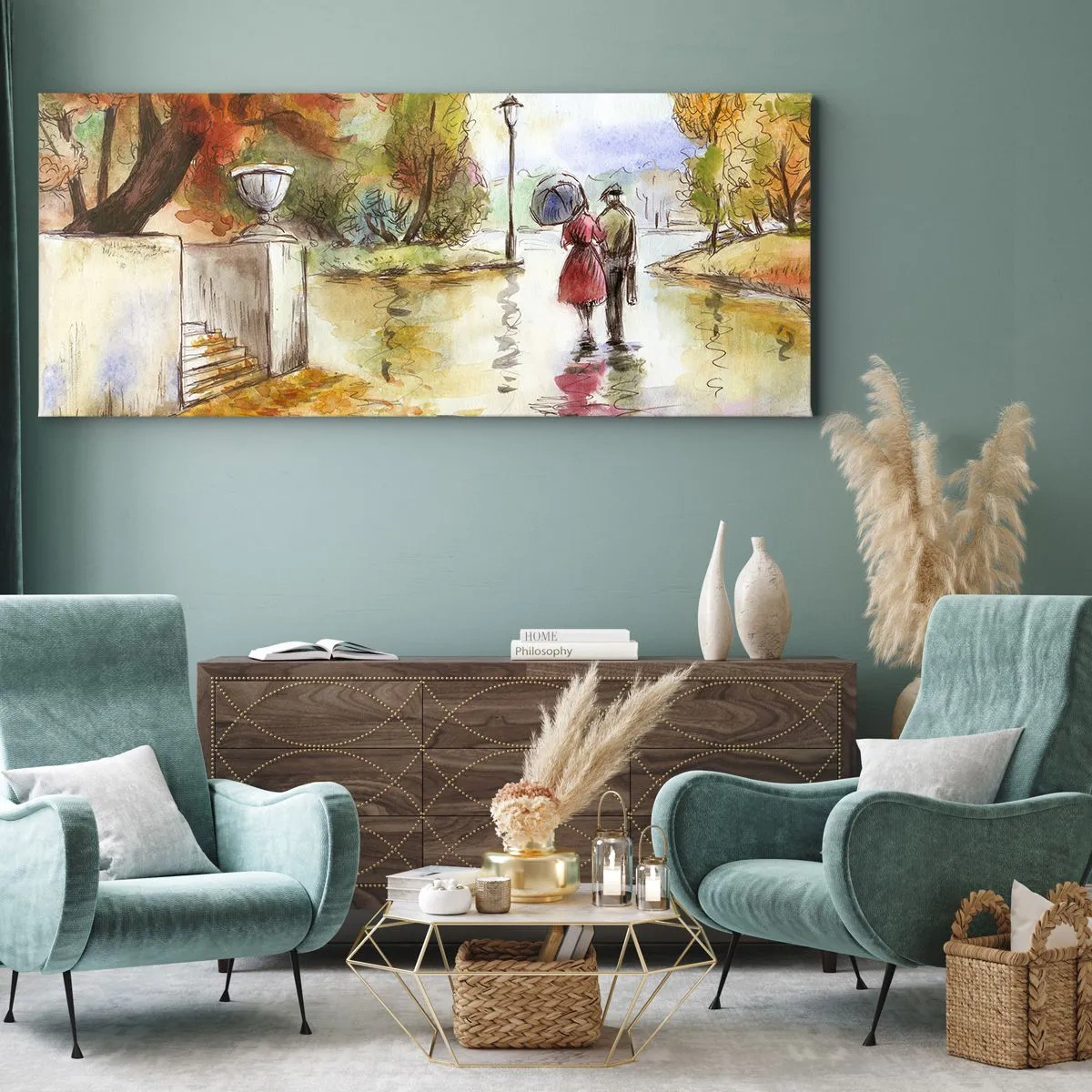 Impression sur toile - Image sur toile - Une promenade dans le parc d'automne avec un parapluie - 120x50cm - Automne romantique dans le parc - Décoration murale moderne pour le salon et la chambre ARTTOR