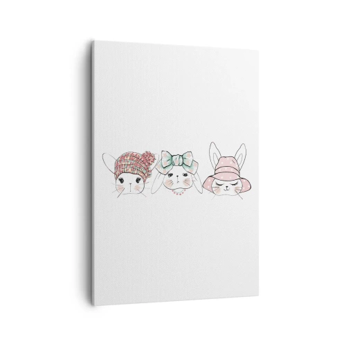 Impression sur toile - Image sur toile - Adorables lapins portant des coiffes pastel - 50x70cm - Pensif, triste, satisfait - Décoration murale moderne pour le salon et la chambre ARTTOR