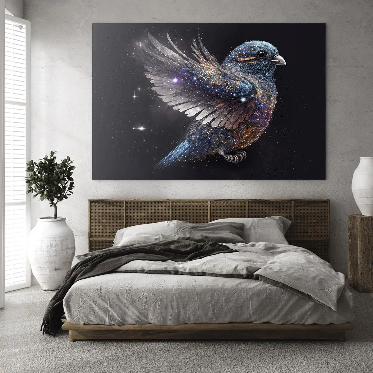 Impression sur verre - Image sur verre - Moineau de l'espace avec paillettes de diamant - 120x80cm - Moineau de diamant - Décoration murale moderne pour le salon et la chambre ARTTOR