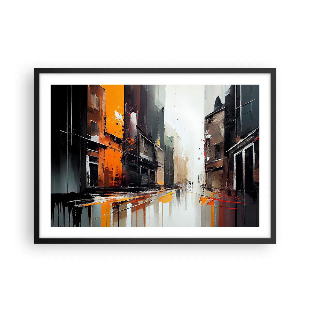 Affiche dans un cadre noir - Poster - Vue abstraite d'une rue de la ville sous la pluie - 70x50cm - Jour de pluie - Décoration murale moderne pour le salon et la chambre ARTTOR