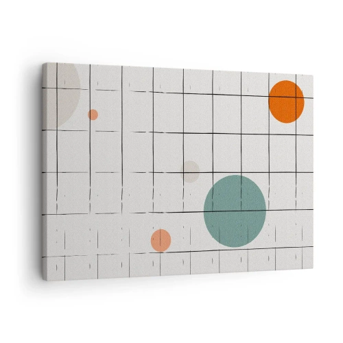 Impression sur toile - Image sur toile - Cercles colorés abstraits sur un fond de grille géométrique - 70x50cm - Piégé. Nous ou eux ? - Décoration murale moderne pour le salon et la chambre ARTTOR