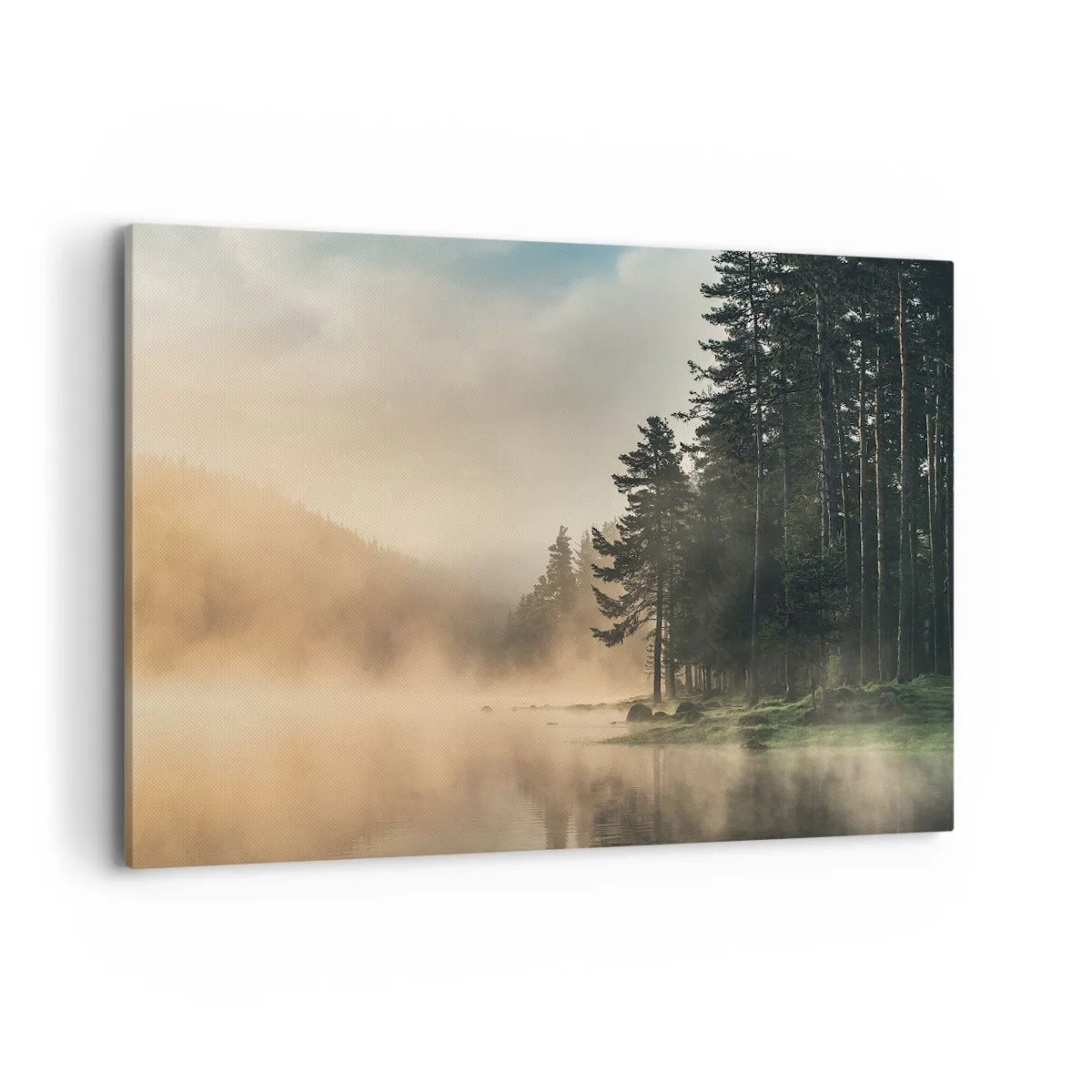 Impression sur toile - Image sur toile - Une forêt brumeuse sur un lac calme - 120x80cm - Naissance du jour - Décoration murale moderne pour le salon et la chambre ARTTOR