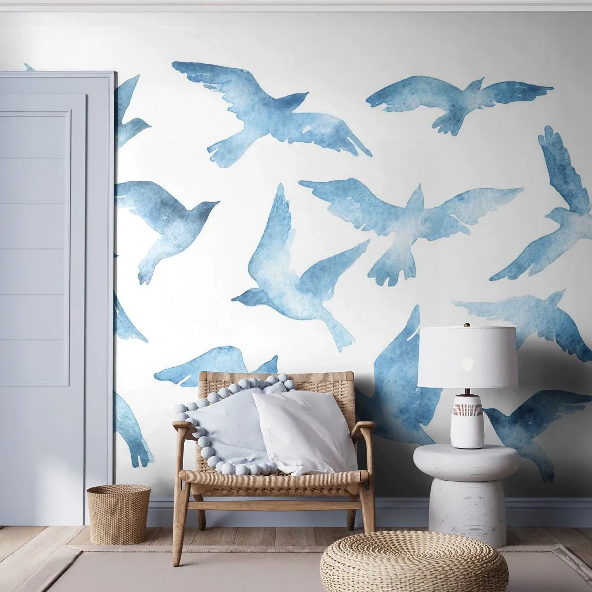 Papier Peint Photo Premium Sand - Oiseaux bleus en vol dans un style aquarelle - 100x70cm - Oiseaux bleus - Décoration murale moderne pour le salon et la chambre ARTTOR