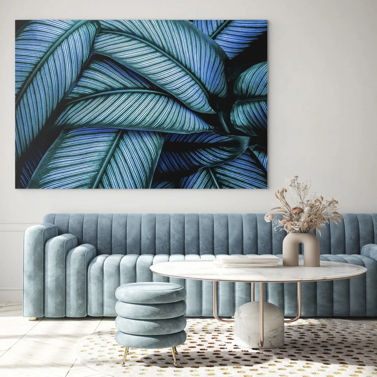 Impression sur verre - Image sur verre - Gros plan de feuilles turquoise à la texture intense. - 100x70cm - Lignes de vie - Décoration murale moderne pour le salon et la chambre ARTTOR