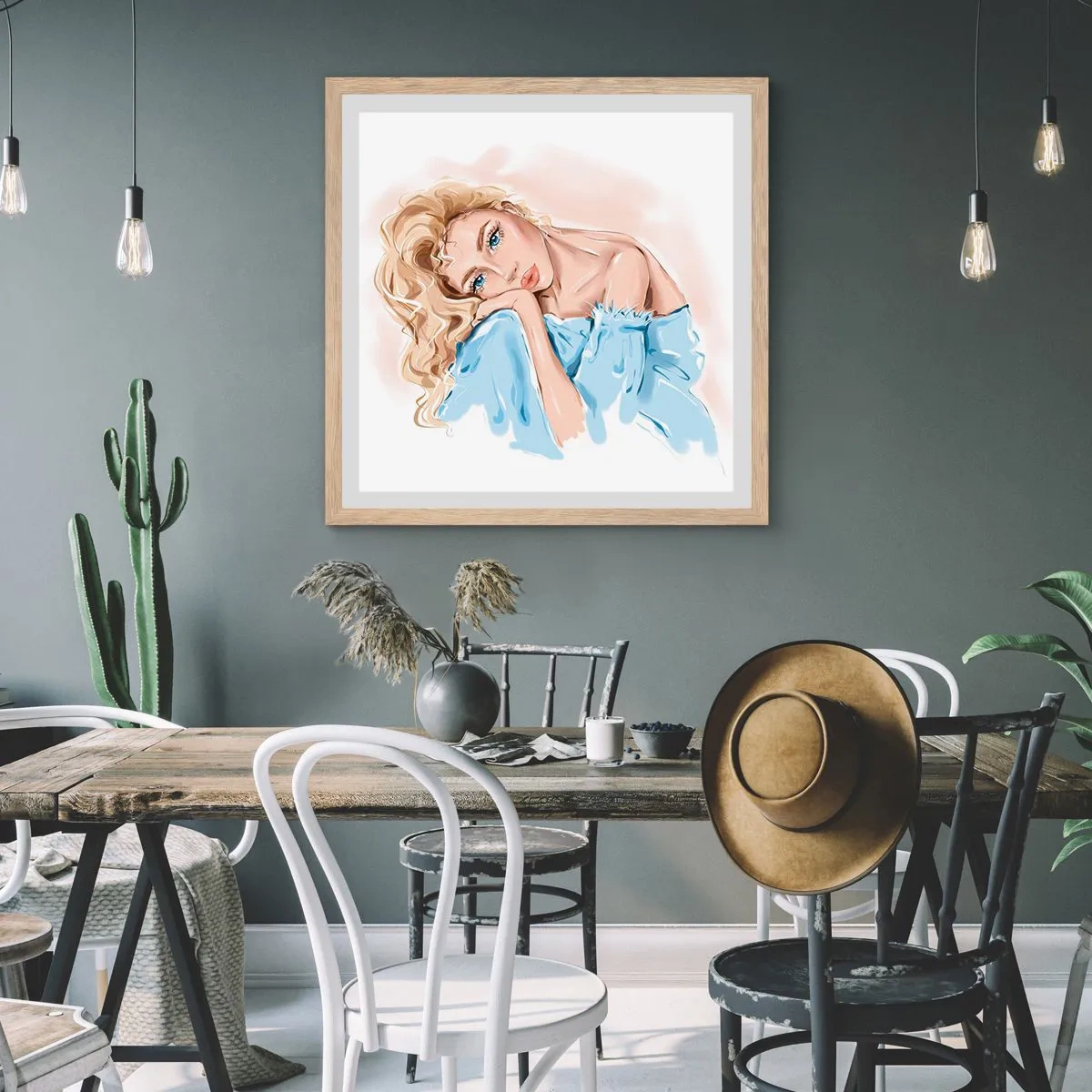 Affiche dans un chêne clair - Poster - Rêveuse en bleu - 60x60 cm